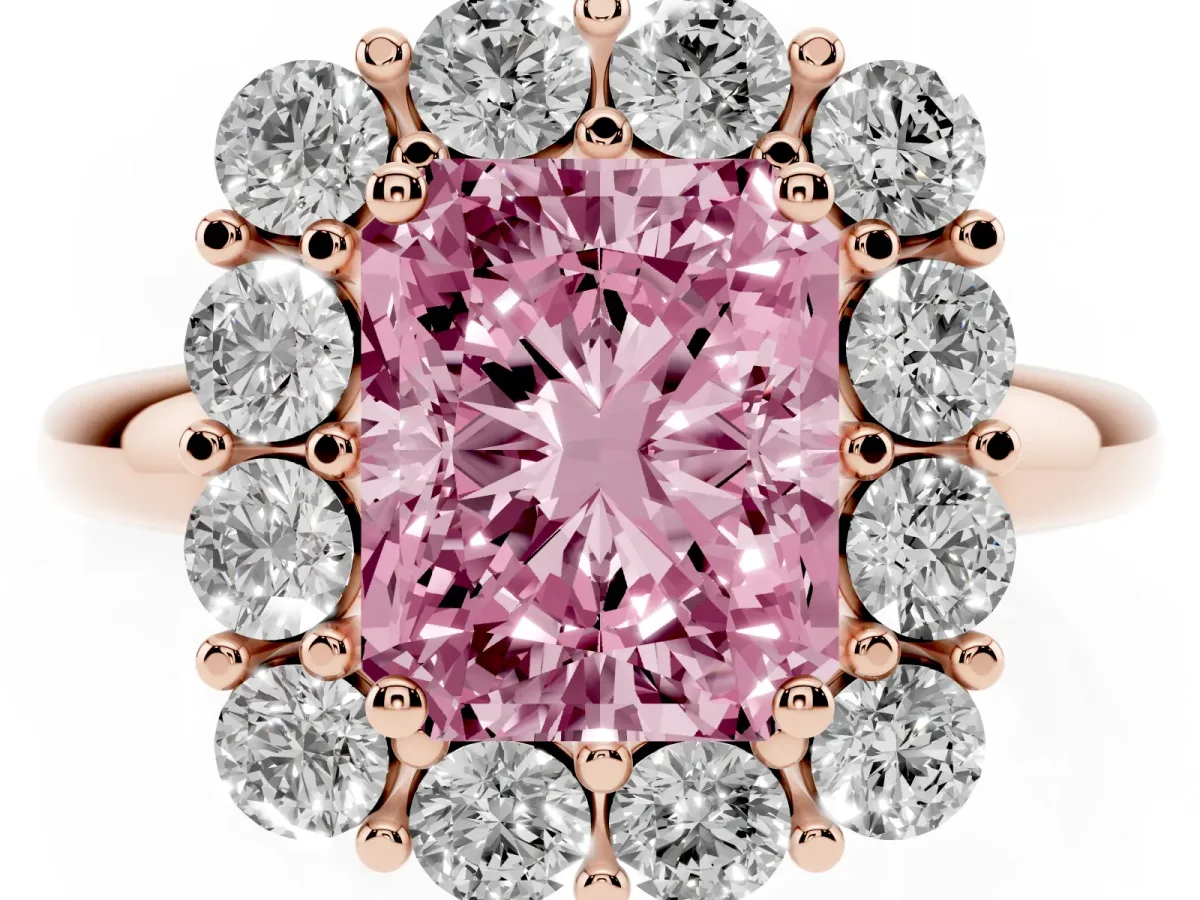 Fancy Pink Radiant Cut Halo Cluster Diamond Engagement Ring with Prong Setting and Polished Band Rose gold