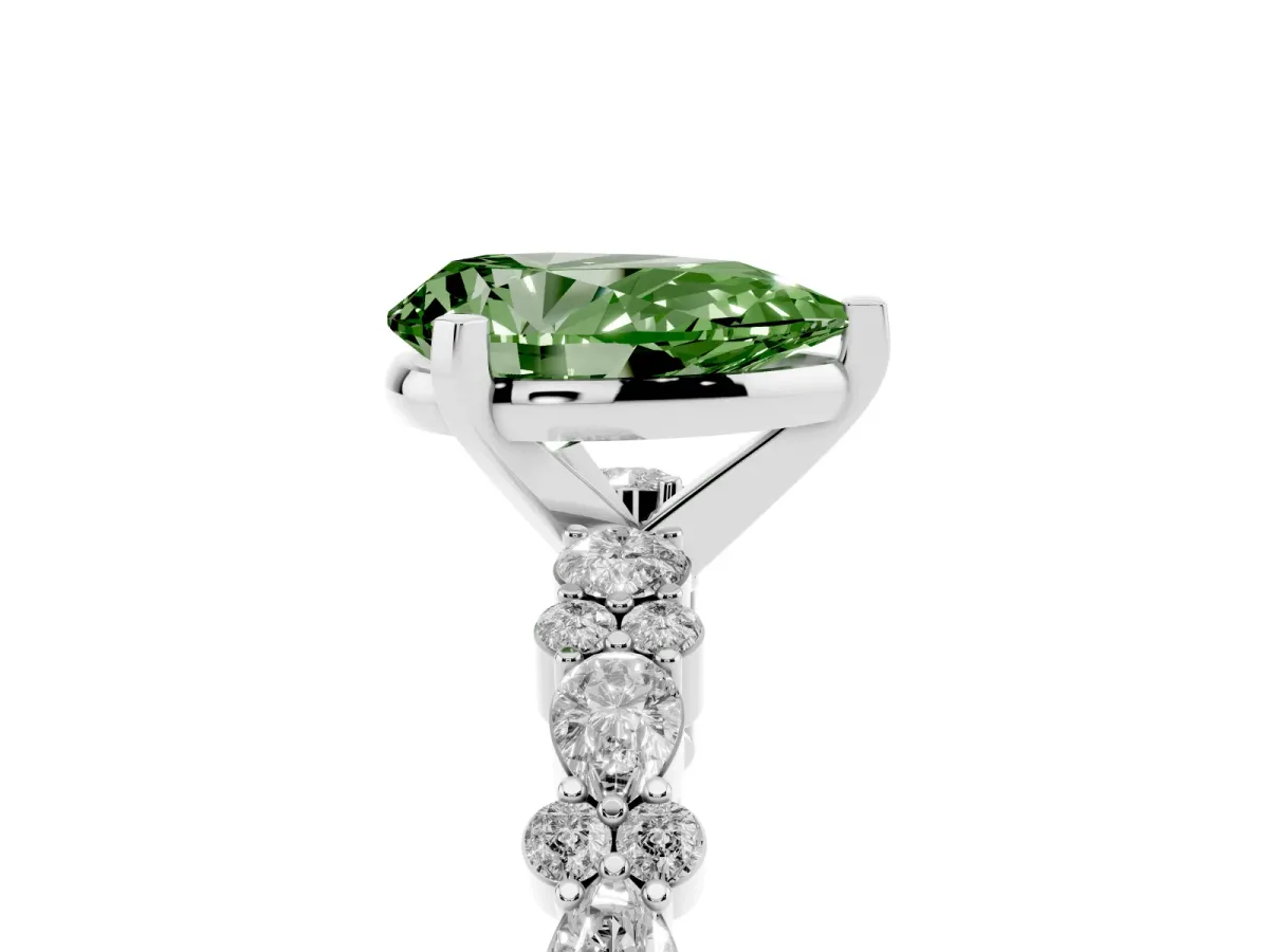 Fancy Green Pear Cut Diamond Side Stone Solitaire Ring with Round and Four-Prong Setting Silver