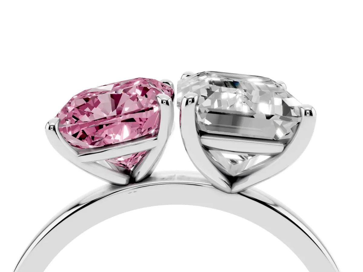 Fancy Pink Cushion Cut and Emerald Cut Toi Moi Ring with Prong Setting Silver