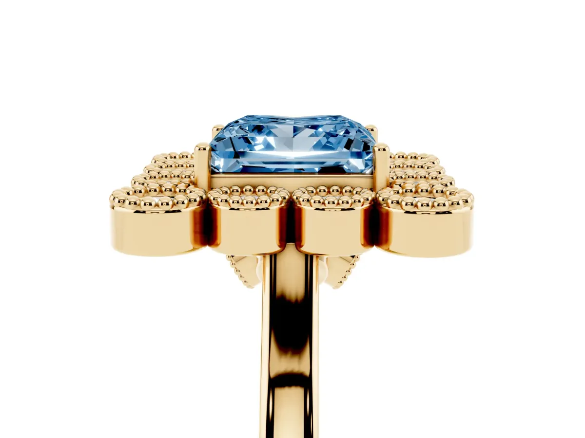 Fancy Blue Princess Cut Halo Diamond Cluster Engagement Ring with Milgrain Bezel Setting and Solitaire Band Yellow gold