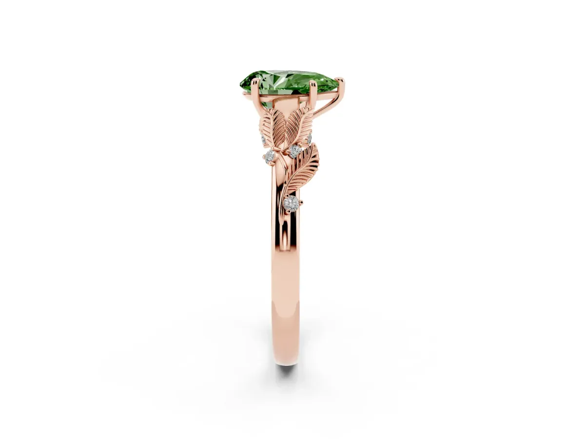 Fancy Green Pear Cut Diamond Solitaire Ring with Leaf Motif Band and Four-Prong Setting Rose gold