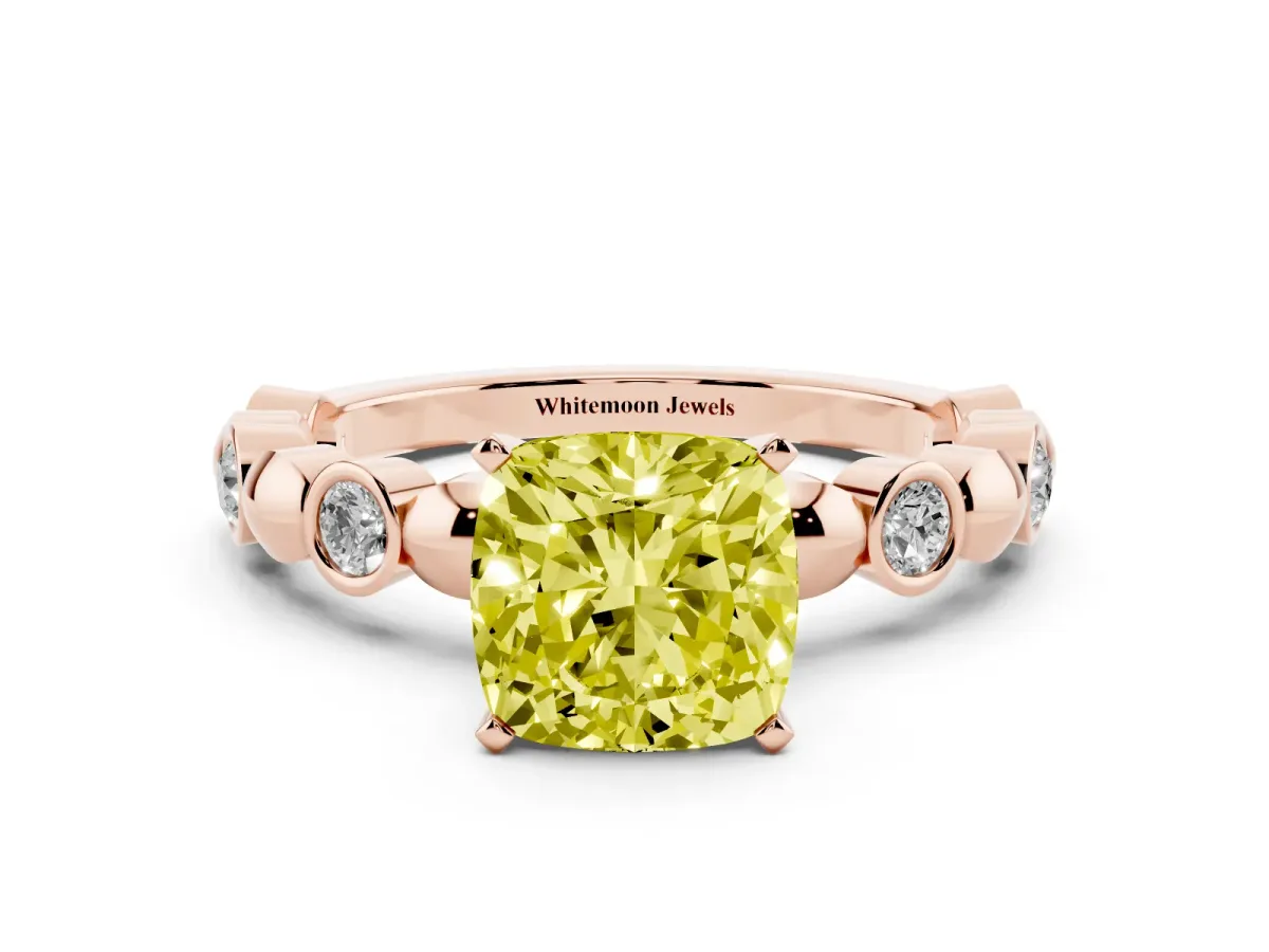 Fancy Yellow Cushion Cut Solitaire Bezel-Set Diamond Ring with Beaded Band and Four-Prong Setting Rose gold