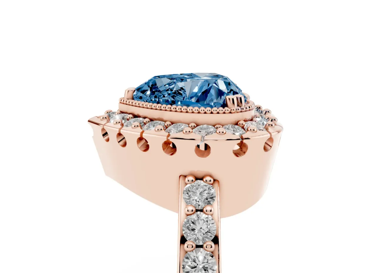 Fancy Blue Heart Cut Diamond Halo Ring with Pavé Band and Prong Setting Rose gold