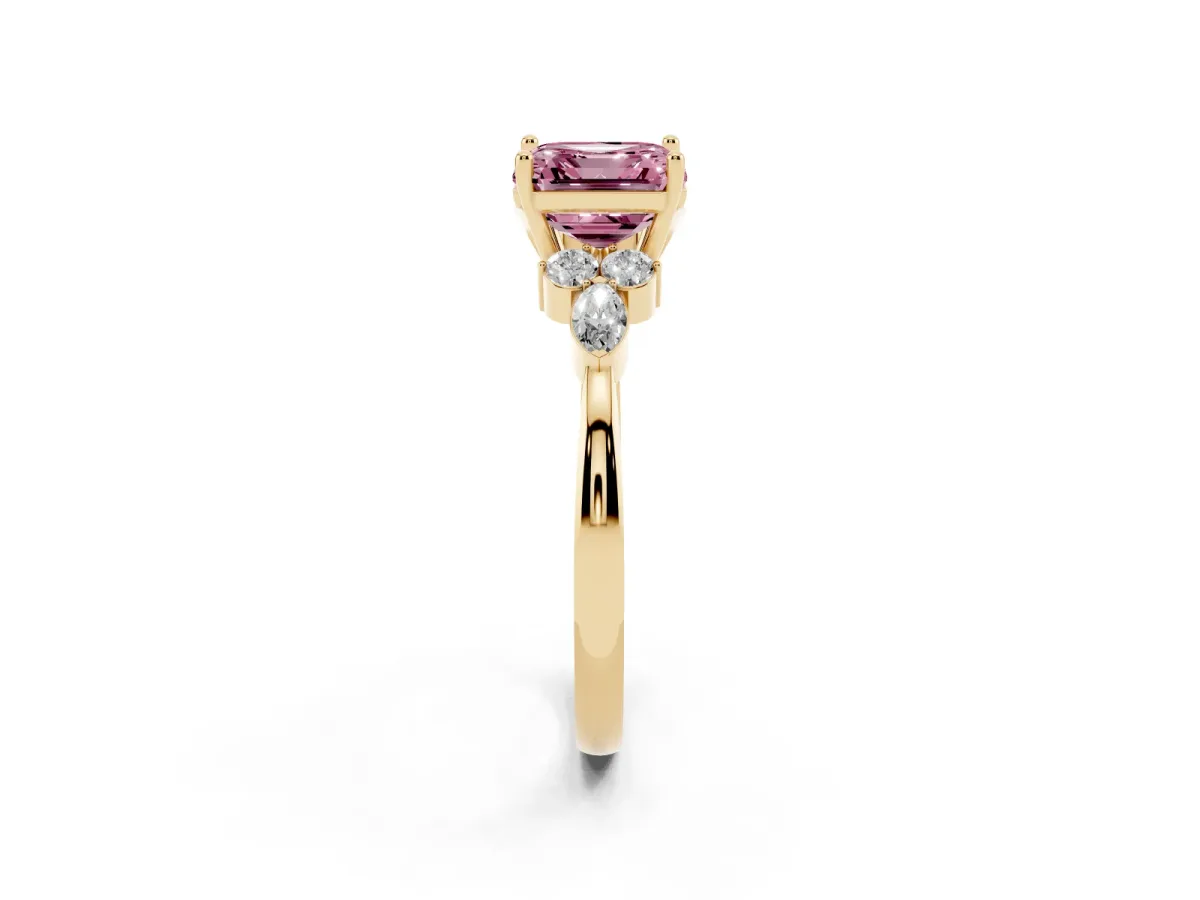 Fancy Pink Asscher Cut Brilliant Diamond Solitaire Ring with Pear Side Stones and Four-Prong Setting Yellow gold