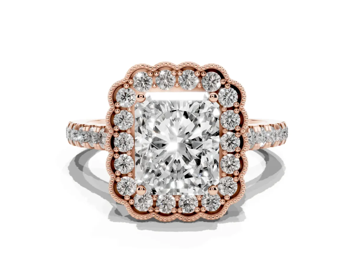 Radiant Cut Cut Diamond Milgrain Floral Halo Engagement Ring with Pavé Band Rose gold
