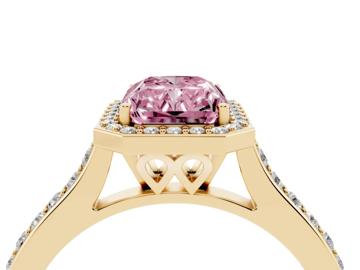 Fancy Pink Radiant Cut Diamond Halo Engagement Ring with Round Pavé Shoulders and Prong Setting Yellow gold