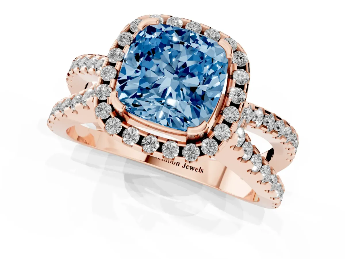Fancy Blue Cushion Cut Diamond Halo Ring with Split Shank Pavé Band and Prong Setting Rose gold