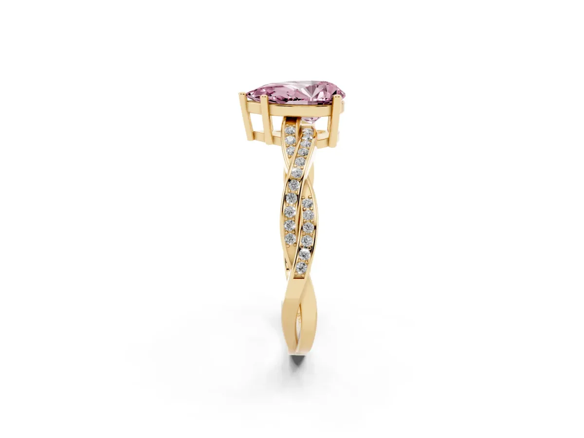 Fancy Pink Pear Cut Solitaire Twisted Pave Diamond Ring with Four-Prong Setting Yellow gold