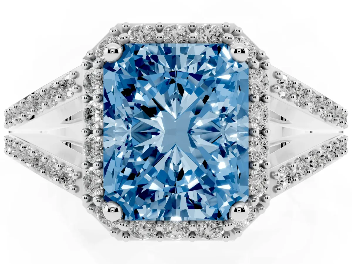 Fancy Blue Radiant Cut Halo Split Shank Pave Diamond Ring with Four-Prong Setting Silver