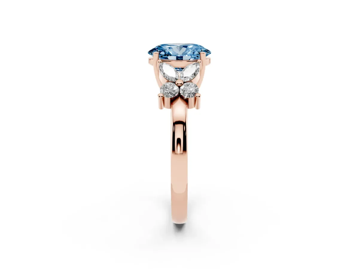Fancy Blue Oval Cut Diamond Floral Cluster Ring with Solitaire Band and Prong Setting Rose gold