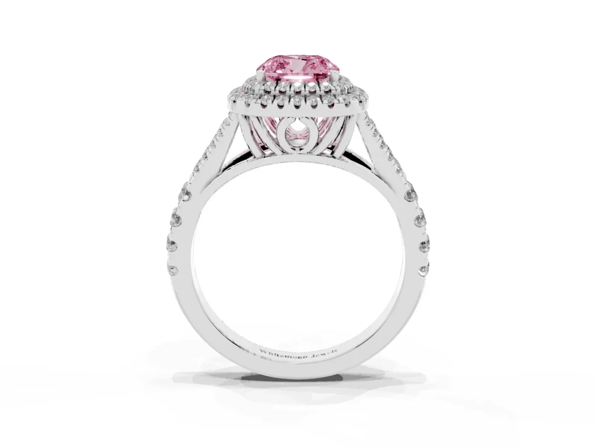 Fancy Pink Cushion Cut Diamond Pavé Split Shank Double Halo Engagement Ring Silver