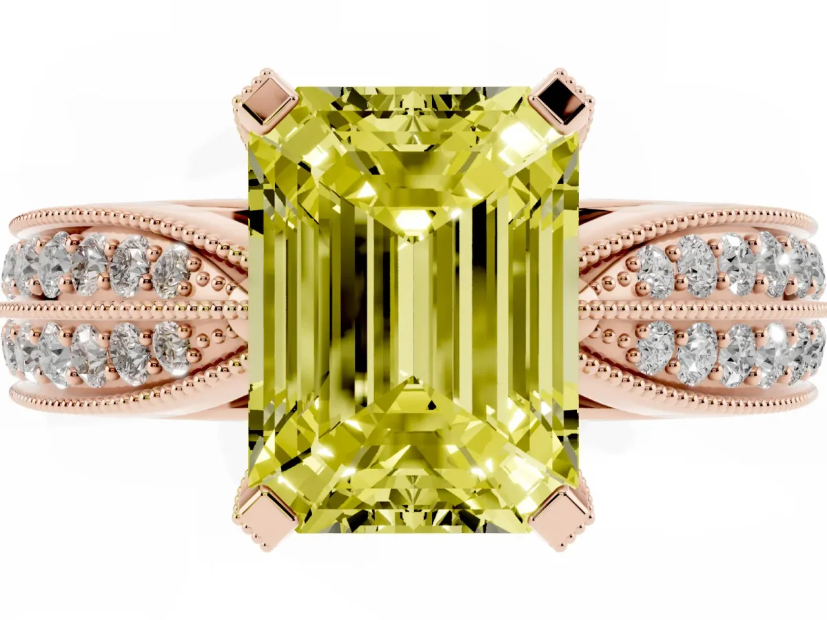 Fancy Yellow Emerald Cut Diamond Solitaire Ring with Milgrain Round Pavé Band and Prong Setting Rose gold