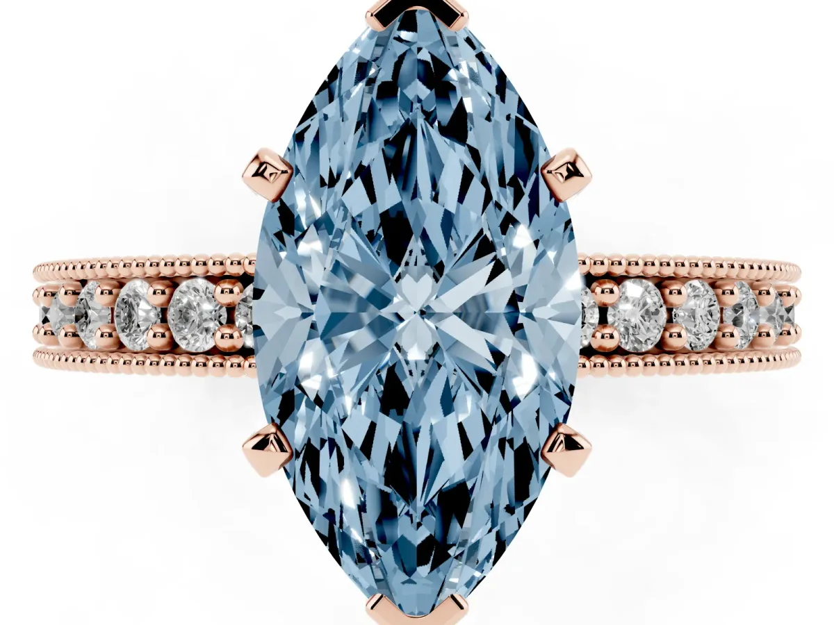 Fancy Blue Marquise Cut Diamond Milgrain Pavé Engagement Ring with Four-Prong Setting Rose gold