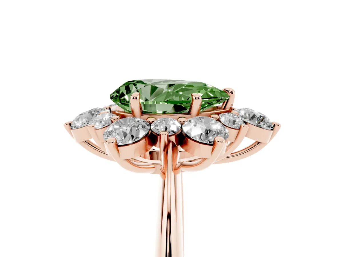 Fancy Green Pear Cut Diamond Cluster Halo Ring with Solitaire Band and Four-Prong Setting Rose gold