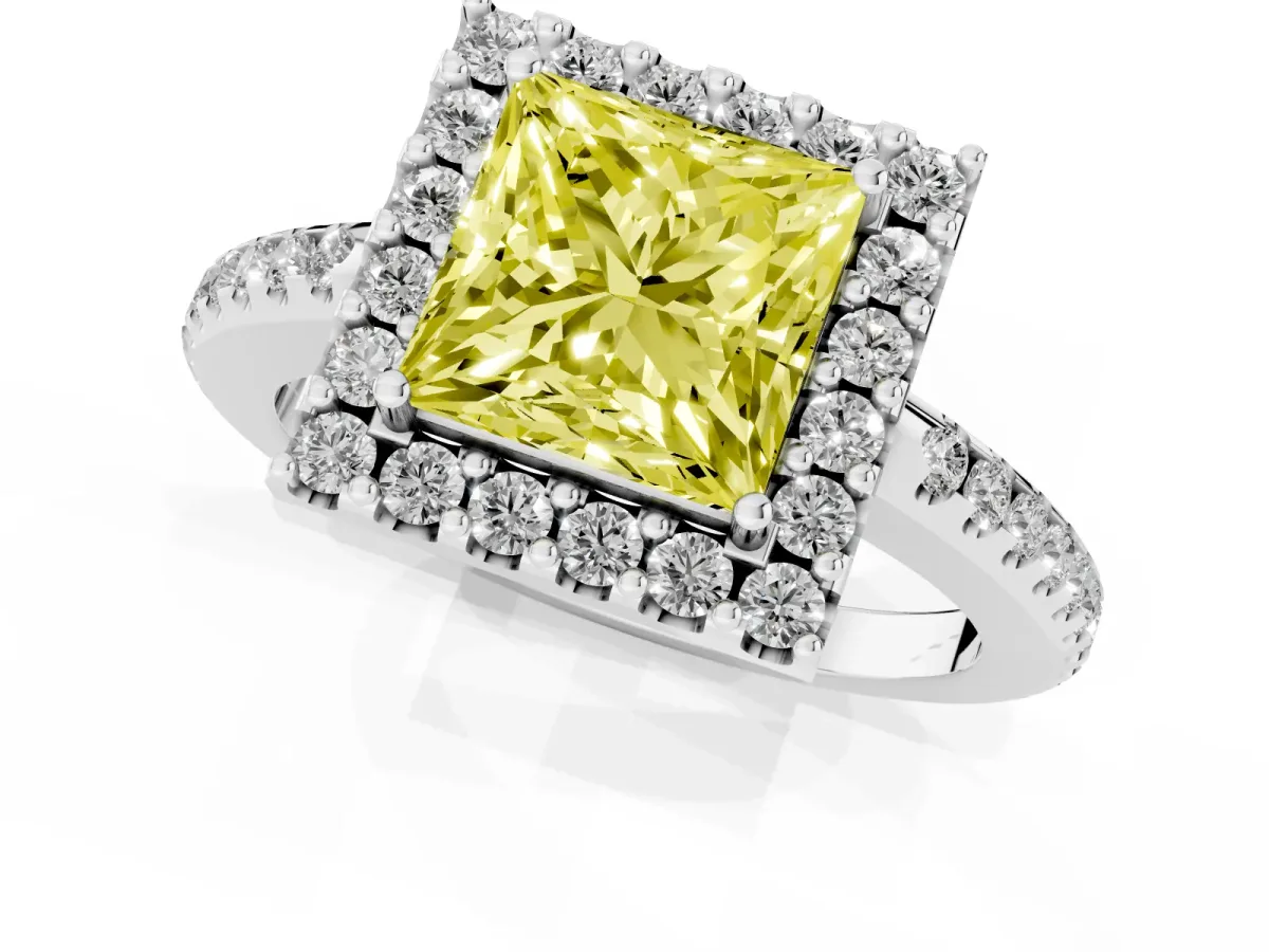 Fancy Yellow Princess Cut Diamond Pavé Halo Ring with Four-Prong Setting Silver