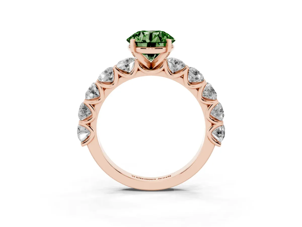 Fancy Green Round Cut Diamond Prong Setting with Side Stones on a Pave Band Rose gold