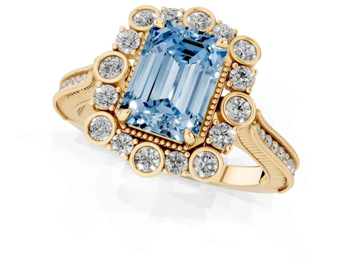 Fancy Blue Emerald Cut Halo Milgrain Pave Diamond Ring with Four-Prong Setting Yellow gold