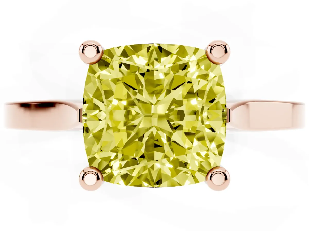 Fancy Yellow Cushion Cut Solitaire Diamond Ring with Four-Prong Setting and Tapered Band Rose gold