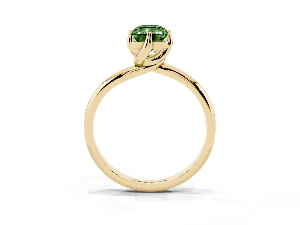 Fancy Green Emerald Cut Diamond Solitaire Engagement Ring with Four-Prong Setting and Classic Band Yellow gold