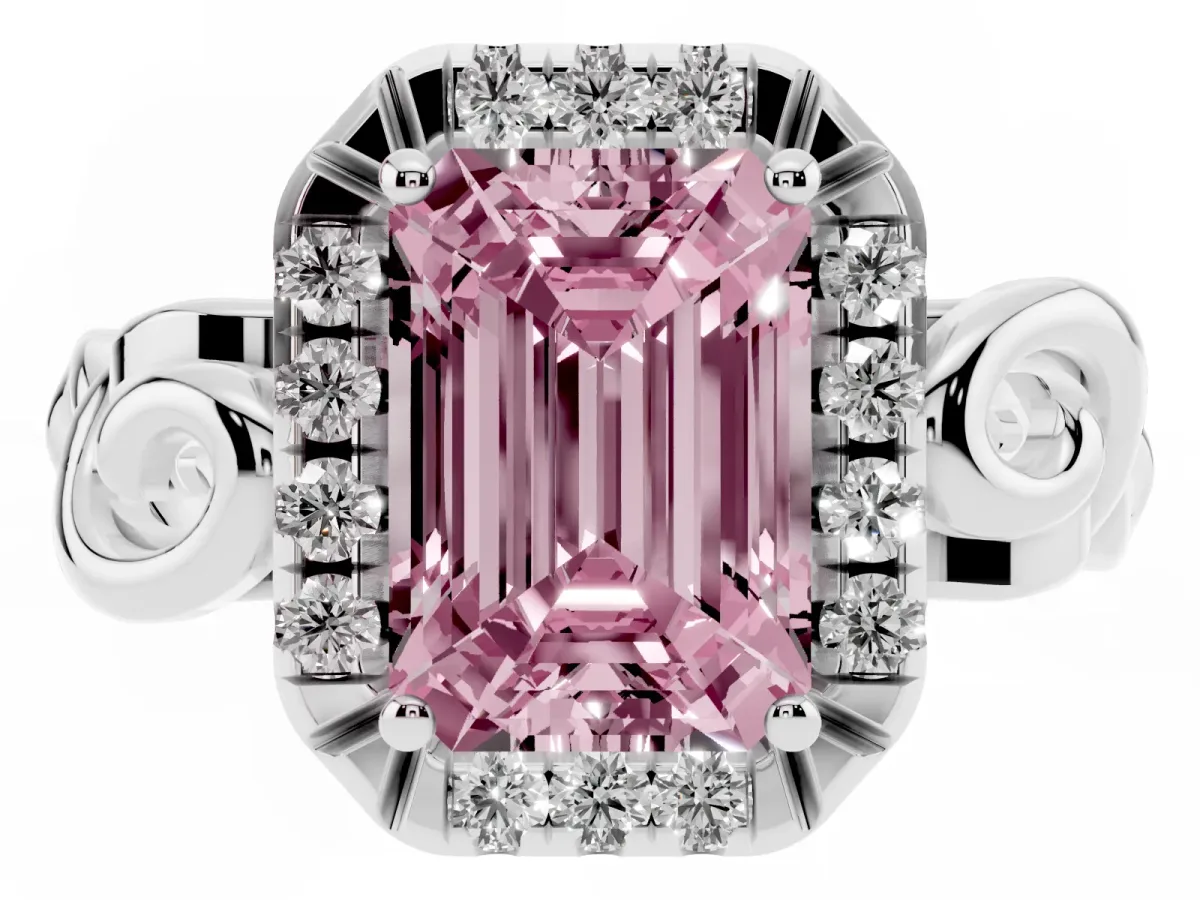 Fancy Pink Emerald Cut Cut Halo Diamond Ring with Scrollwork Band and Four-Prong Setting Silver
