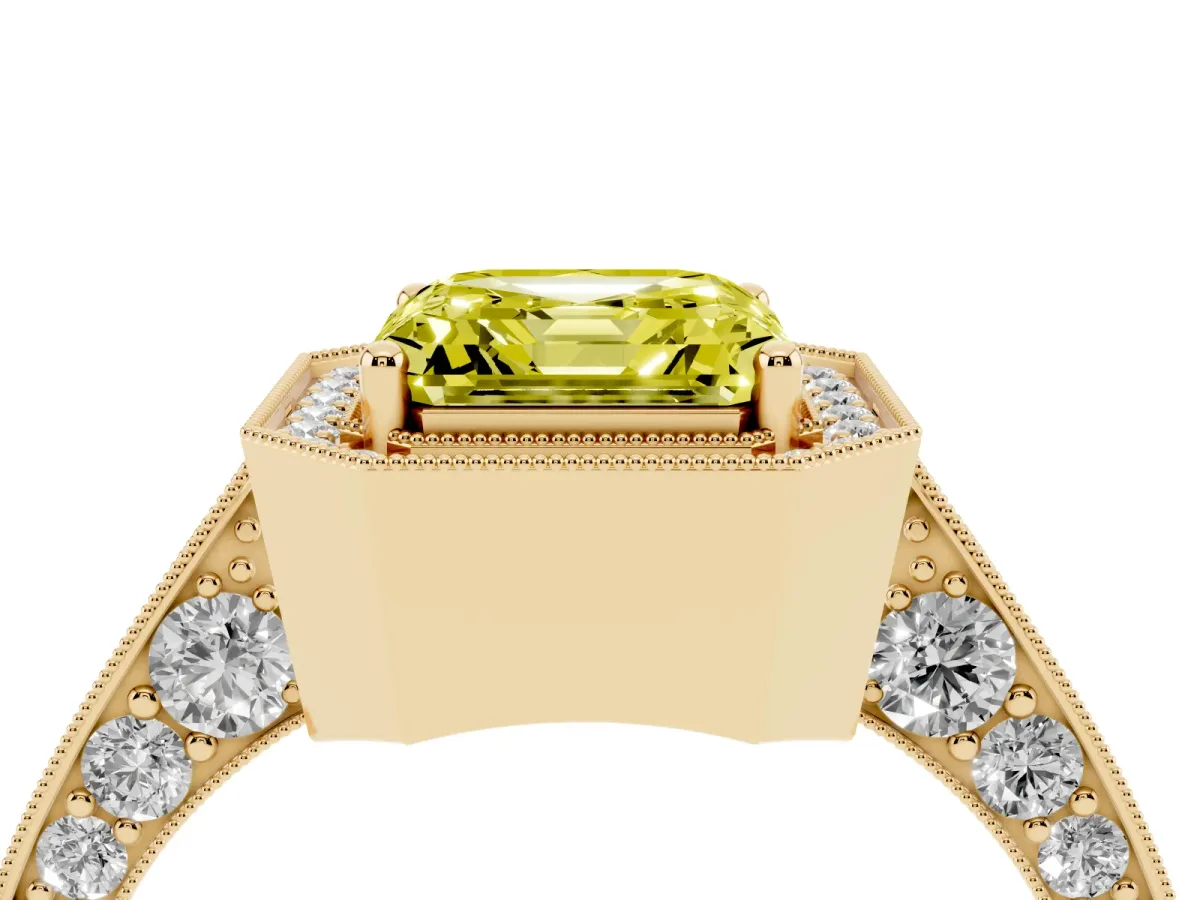 Fancy Yellow Asscher Cut Halo Diamond Engagement Ring with Split Shank Band and Four-Prong Setting Yellow gold