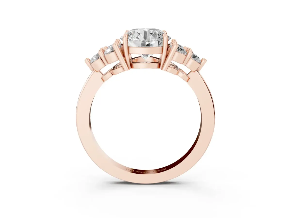 Round Cut Brilliant Diamond Cluster Accent Solitaire Ring with Prong Setting Rose gold