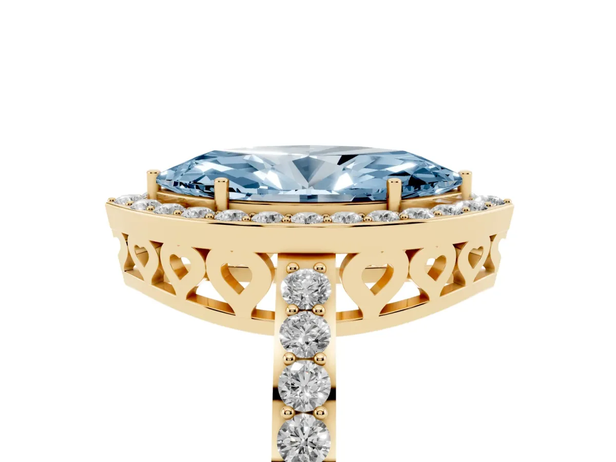Fancy Blue Marquise Cut Halo Diamond Pavé Band Ring with Prong Setting Yellow gold