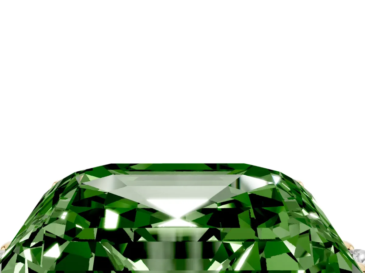 Fancy Green Asscher Cut Cut Three-Stone Solitaire Ring with Round Accent Diamonds and Four-Prong Setting Yellow gold