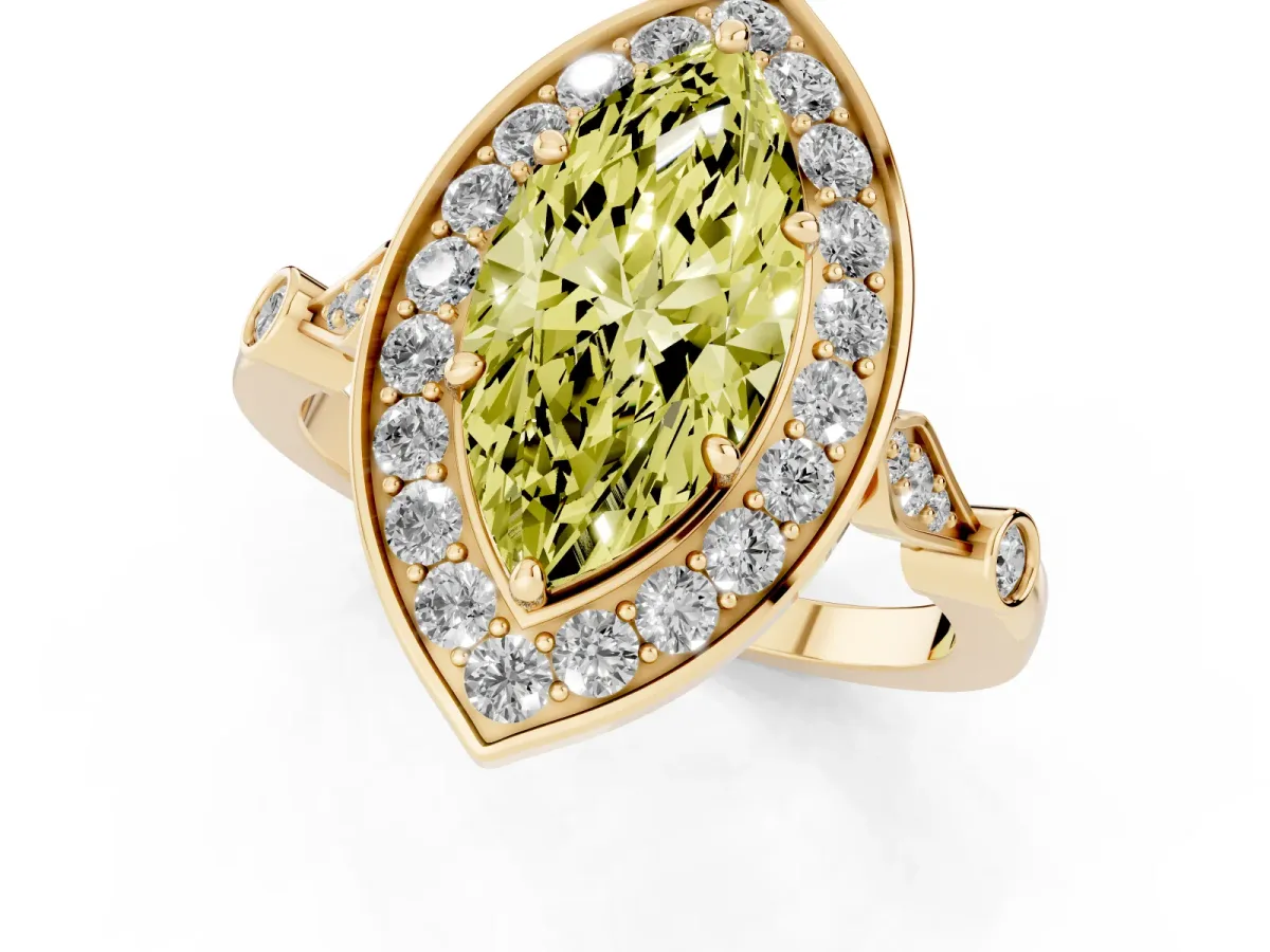 Fancy Yellow Marquise Cut Halo Diamond Engagement Ring with Twisted Band and Four-Prong Setting Yellow gold