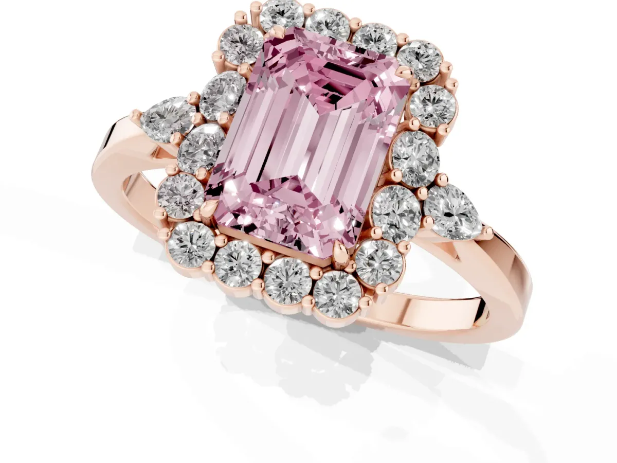 Fancy Pink Emerald Cut Diamond Halo Ring with Pear Side Stones and Prong Setting Rose gold