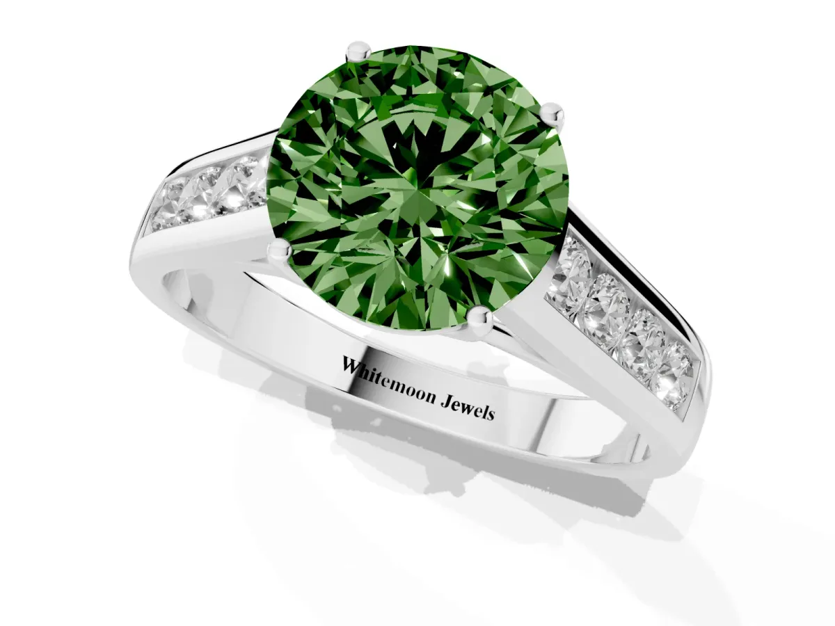 Fancy Green Round Cut Brilliant Channel-Set Solitaire Ring with Four-Prong Setting Silver