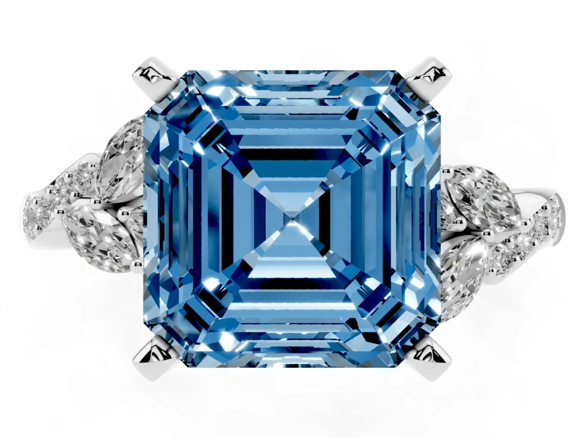 Fancy Blue Asscher Cut Solitaire Marquise Twist Band with Six-Prong Setting Silver
