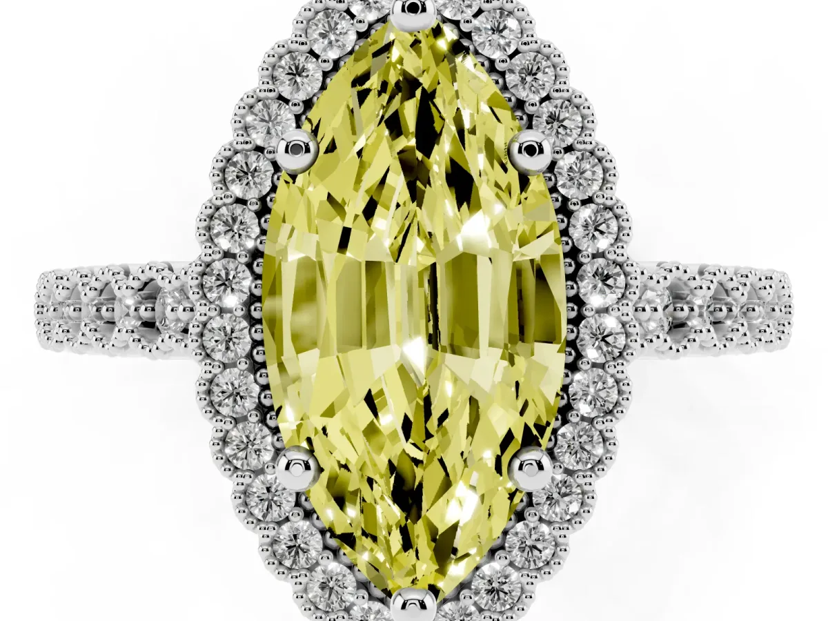 Fancy Yellow Marquise Cut Cut Halo Pavé Solitaire Ring with Milgrain Band White gold