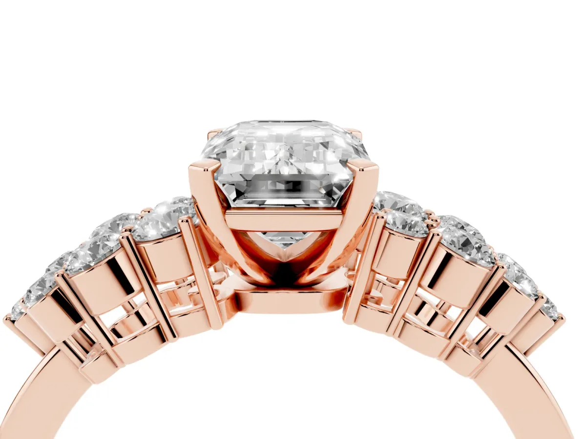 Emerald Cut Cluster Diamond Engagement Ring with Pavé Band and Four-Prong Setting Rose gold