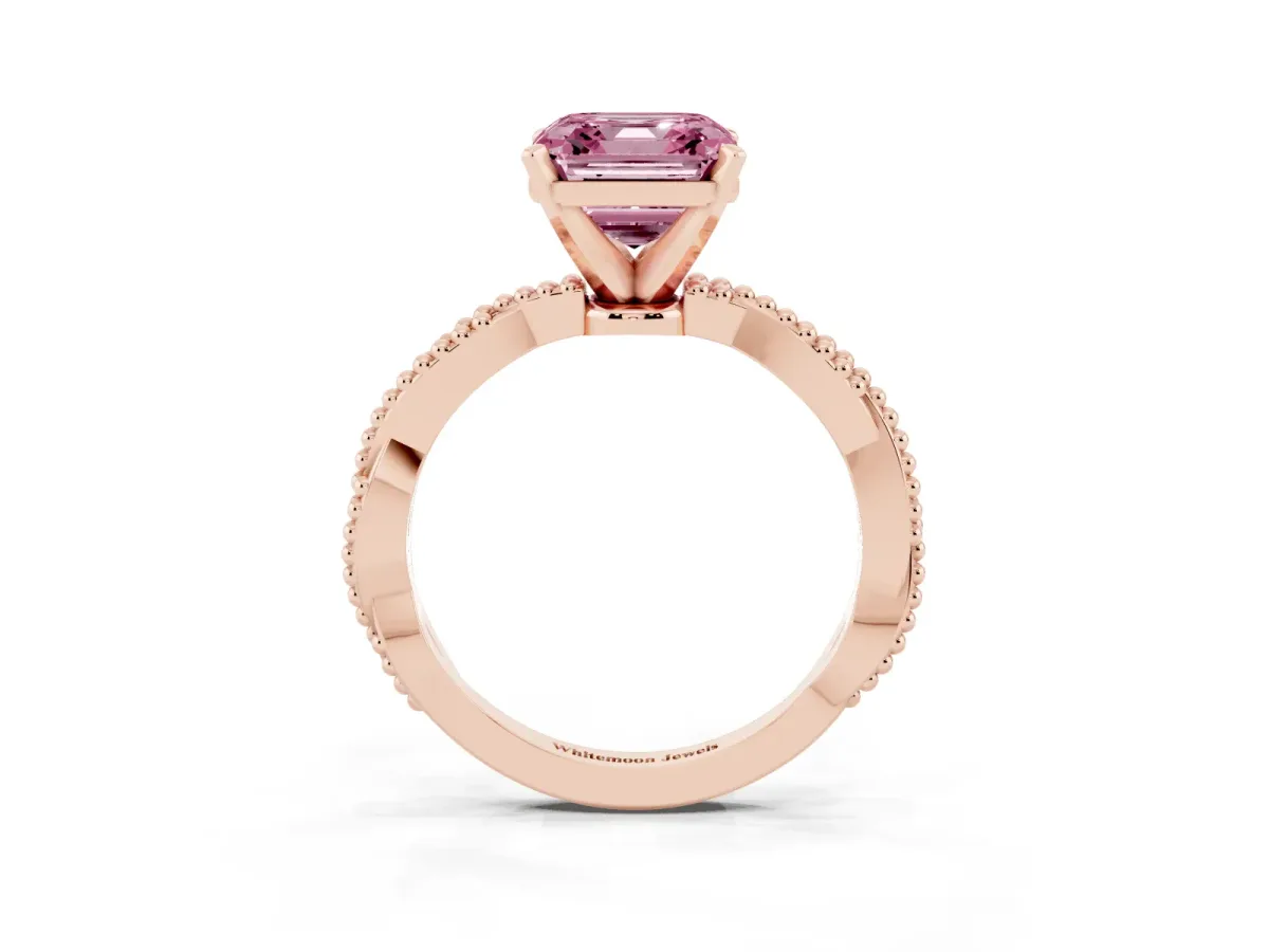 Fancy Pink Asscher Cut Solitaire Twisted Band with Bead Prong Setting Rose gold