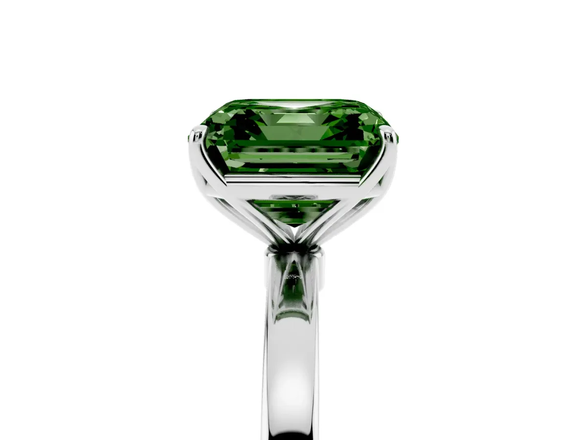 Fancy Green Asscher Cut Diamond Solitaire Ring with Thin Band and Prong Setting White gold