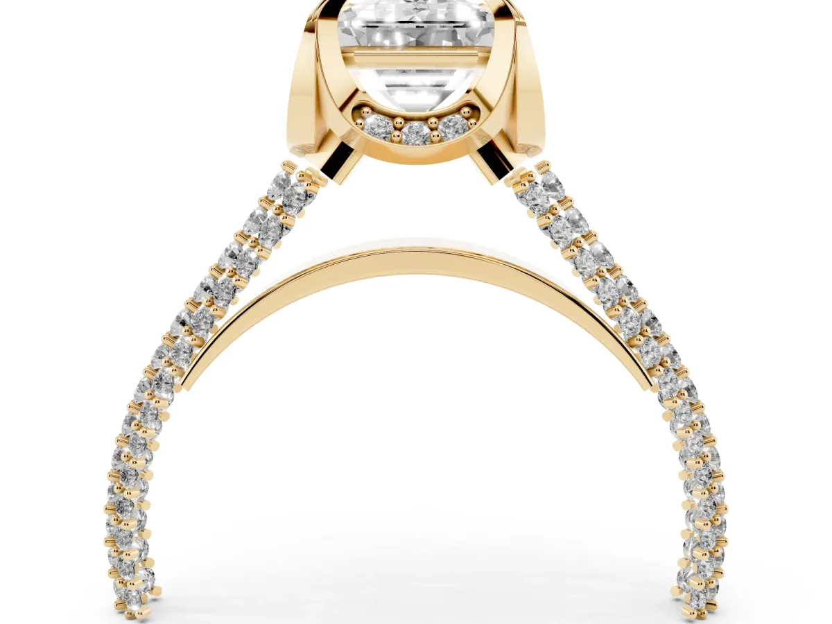 Emerald Cut Solitaire Pave Split Shank Ring with Four-Prong Setting Yellow gold