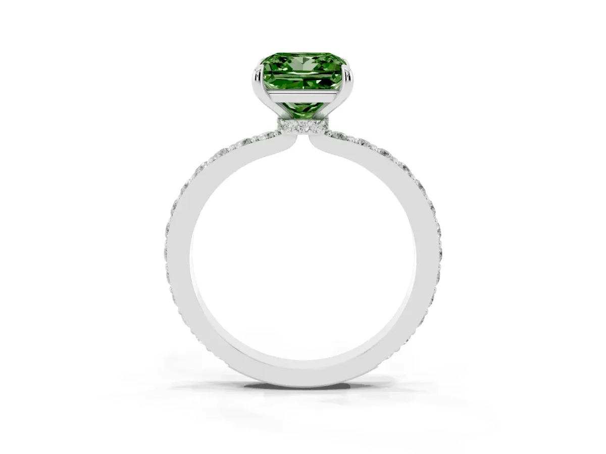 Fancy Green Princess Cut Diamond Solitaire Engagement Ring with Pavé Band and Four-Prong Setting Platinum