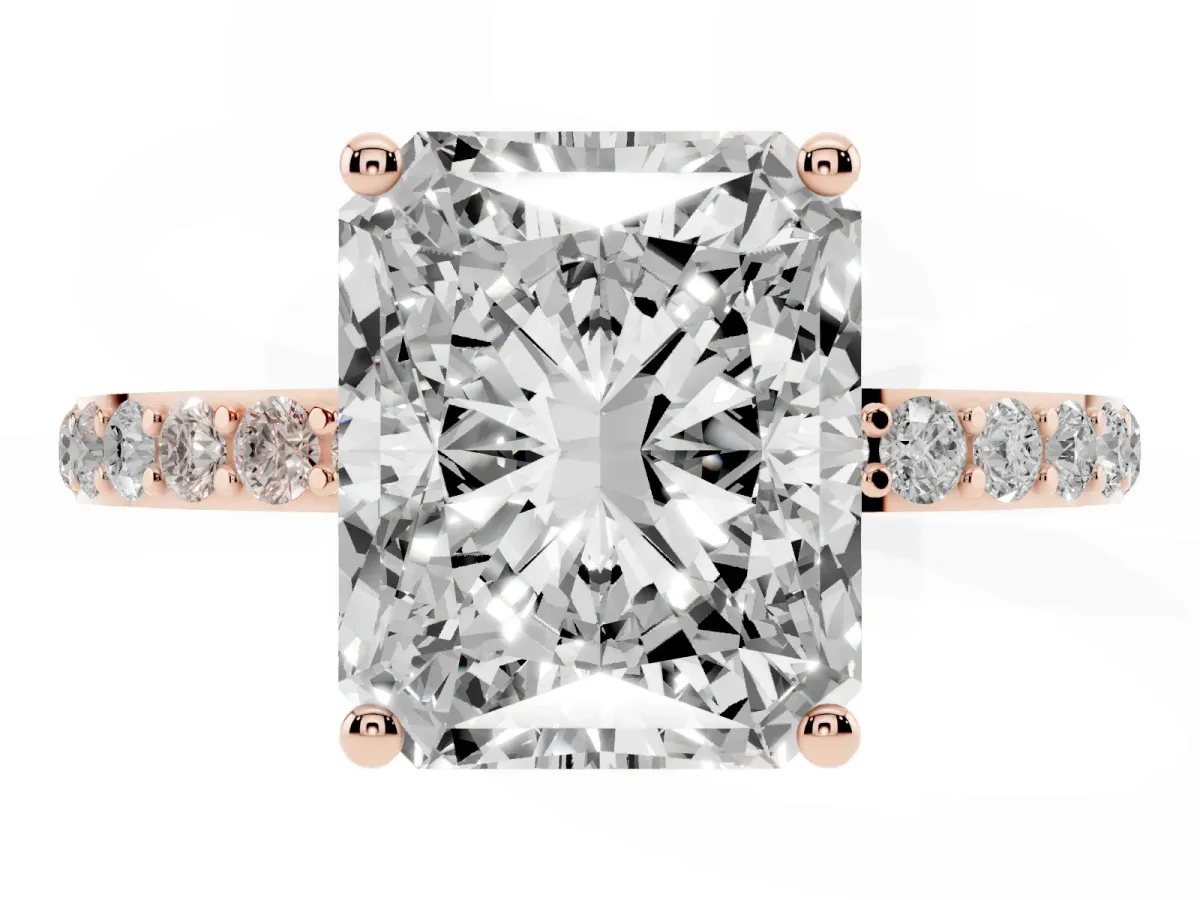 Radiant Cut Diamond Solitaire Ring with Round Pavé Shoulders and Prong Setting Rose gold