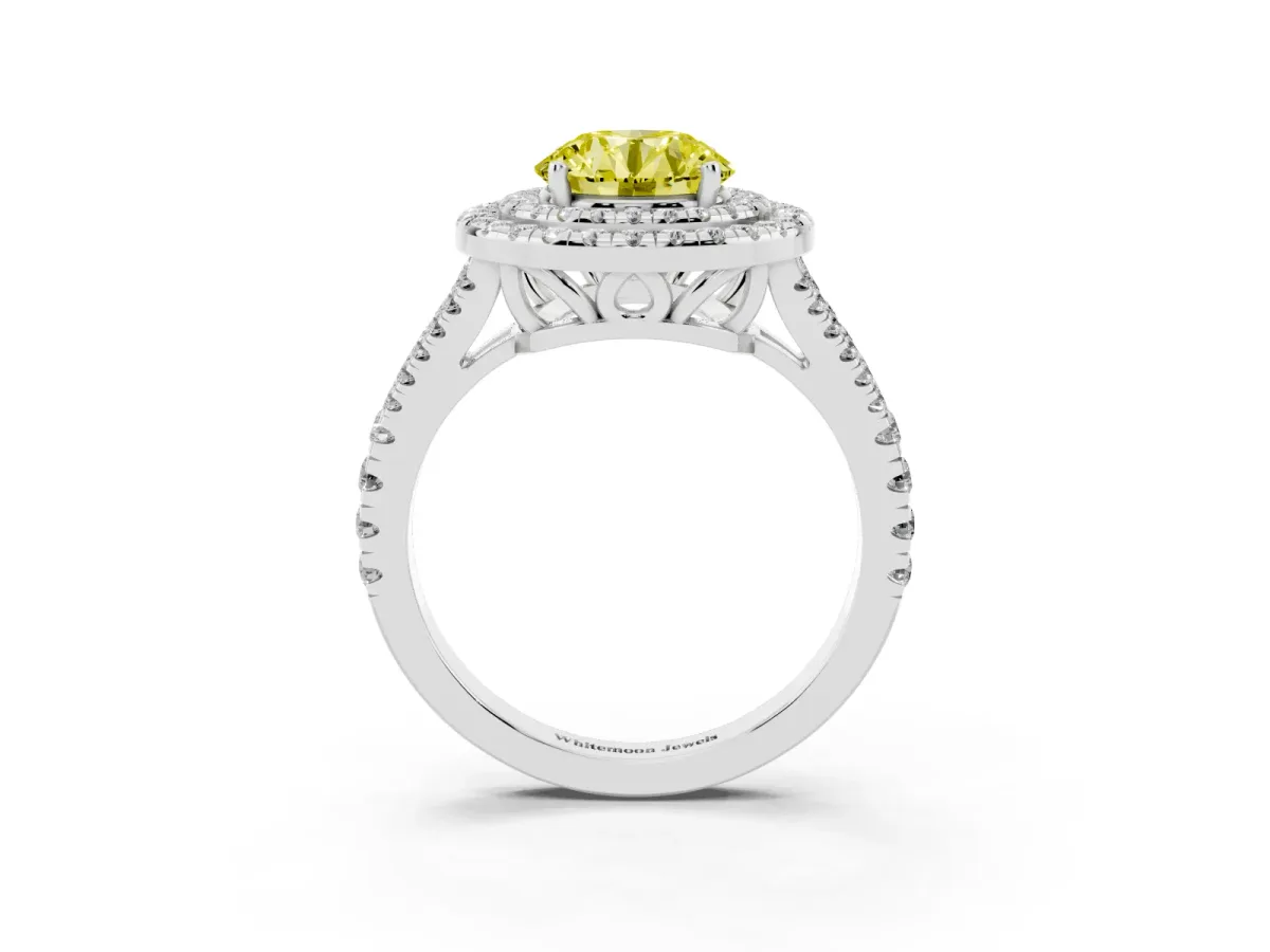 Fancy Yellow Round Cut Diamond Double Halo Ring with Pavé Band and Prong Setting Platinum