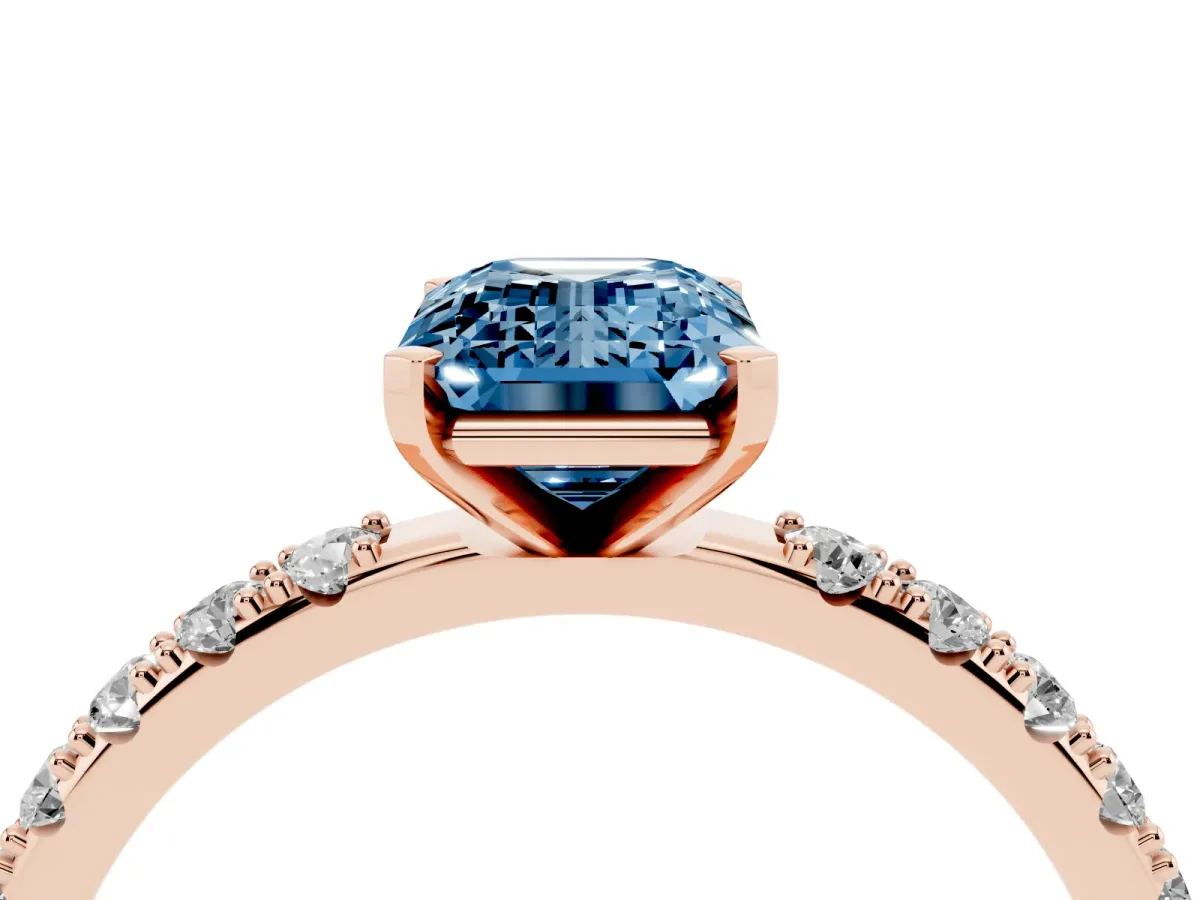 Fancy Blue Emerald Cut Diamond Solitaire Pavé Band with Four-Prong Setting Rose gold