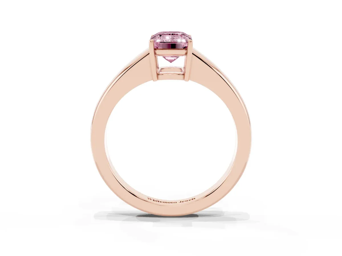 Fancy Pink Emerald Cut Solitaire Diamond Ring with Tapered Band and Four-Prong Setting Rose gold