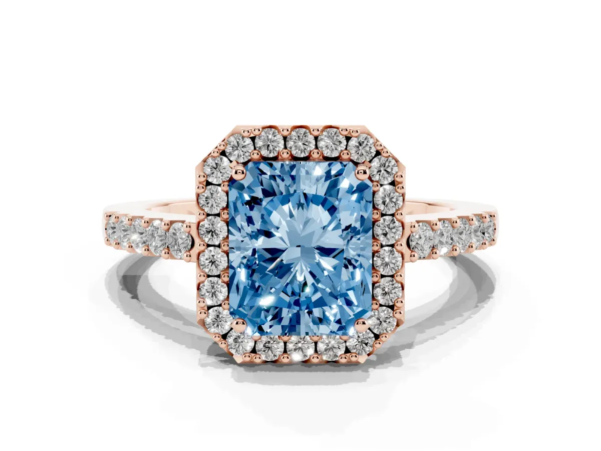 Fancy Blue Radiant Cut Halo Diamond Pavé Solitaire Ring Rose gold