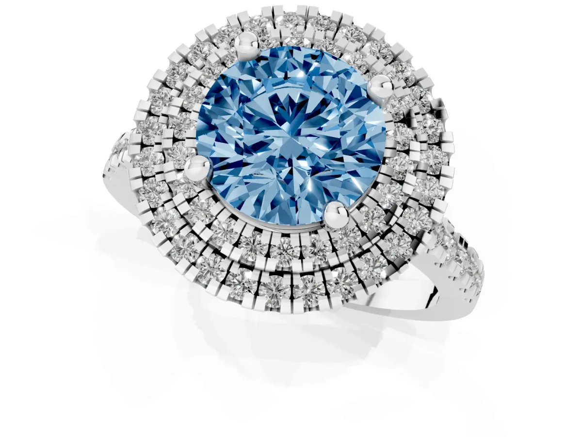 Fancy Blue Double Halo Round Cut Diamond Pavé Band with Four-Prong Setting Silver
