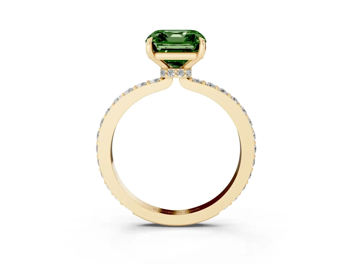 Fancy Green Asscher Cut Diamond Pavé Engagement Ring with Round Accents and Prong Setting Yellow gold