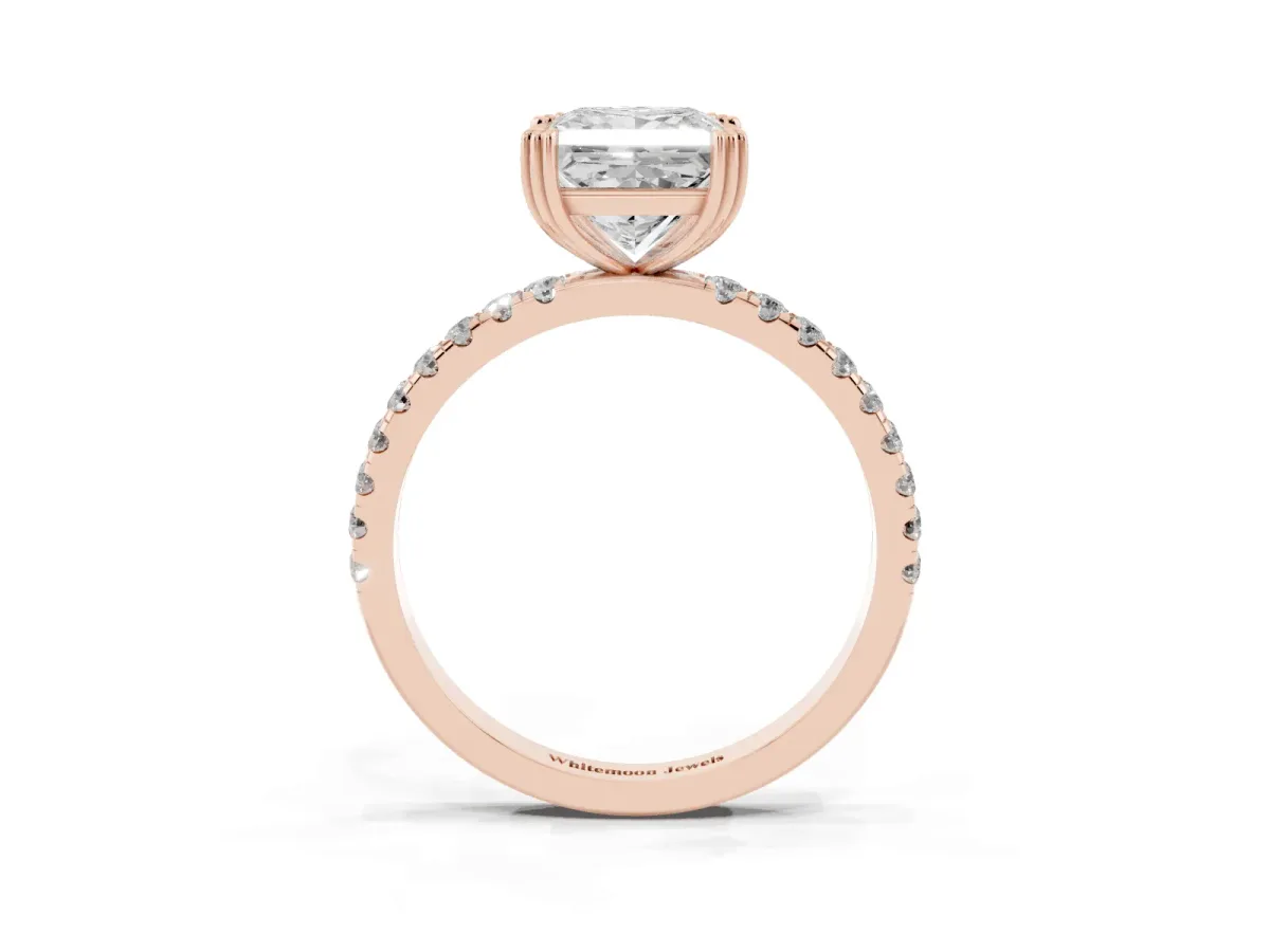 Princess Cut Brilliant Solitaire with Pavé Band and Claw Prong Setting Rose gold