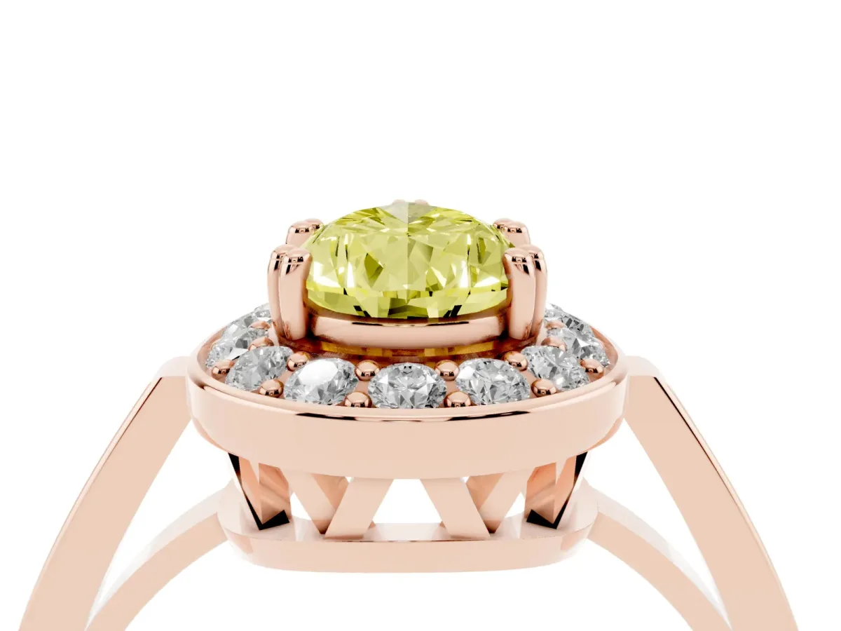 Fancy Yellow Pear Cut Diamond Halo Ring with Split Shank and Four-Prong Setting Rose gold
