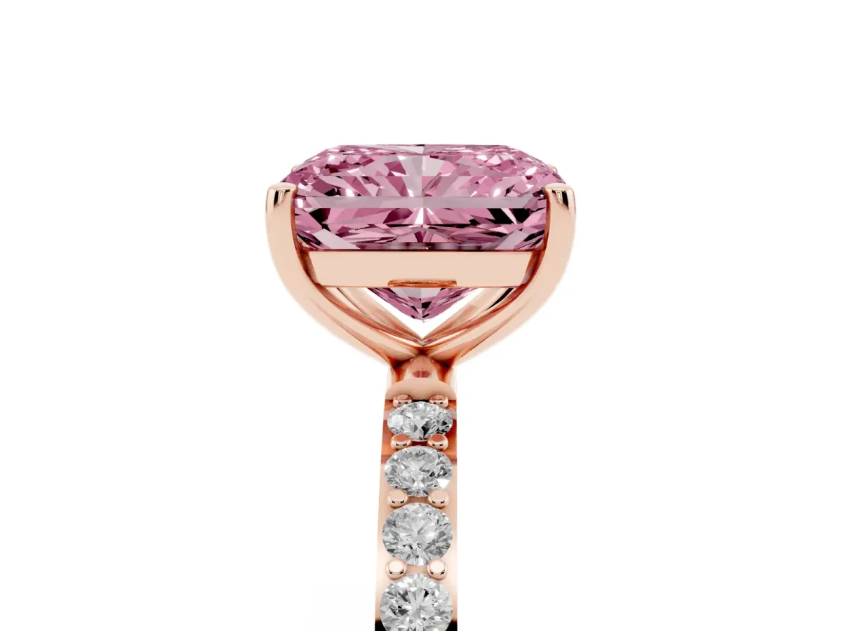 Fancy Pink Radiant Cut Diamond Solitaire Ring with Round Pavé Shoulders and Prong Setting Rose gold