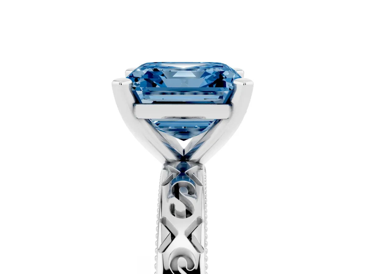 Fancy Blue Asscher Cut Solitaire Engagement Ring with Scrollwork Band and Four-Prong Setting Silver
