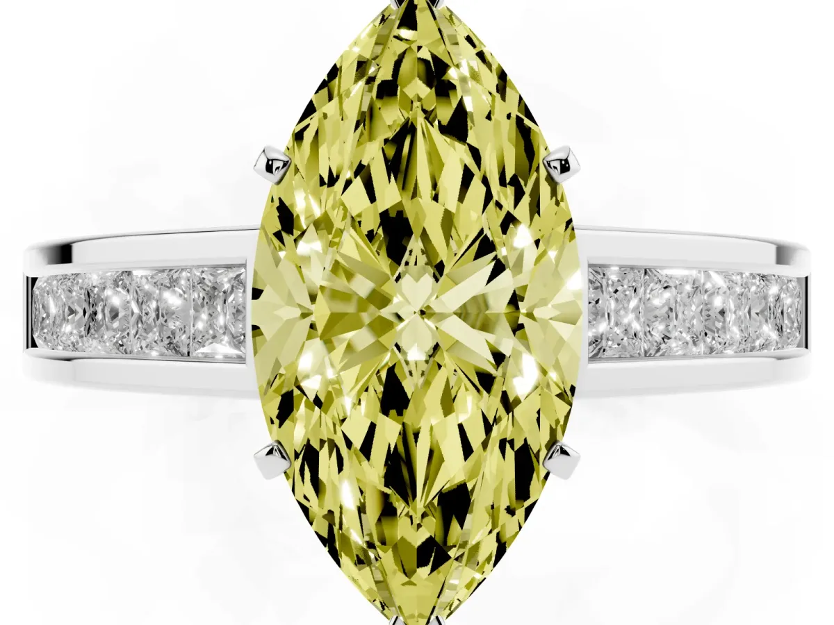 Fancy Yellow Marquise Cut Solitaire Diamond Ring with Channel-Set Band and Four-Prong Setting Silver